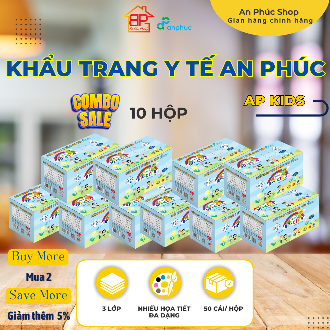 Khẩu trang y tế An Phúc Em bé - Combo 10 hộp, 3 lớp, lọc kháng khuẩn, hình nhân vật đáng yêu, hộp 50 cái.
