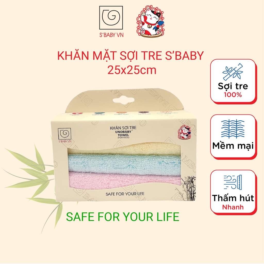 Set 3 khăn mặt sợi tre S'Baby Unobaby 25x25 cm  Mã sản phẩm: 8936137960103