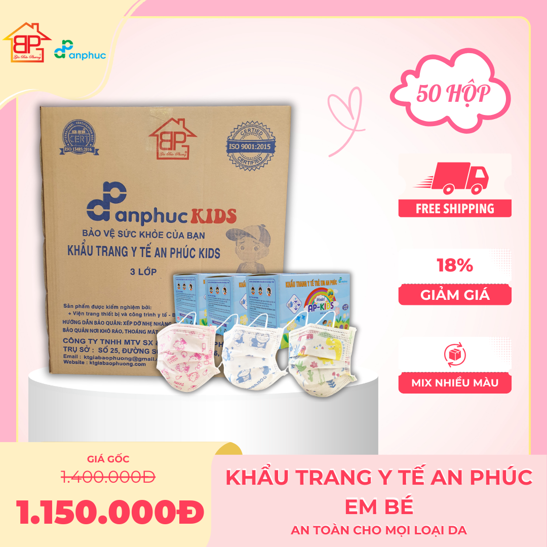 Khẩu trang y tế An Phúc Em bé - 1 thùng 50 hộp, 3 lớp, lọc kháng khuẩn, hình nhân vật đáng yêu, hộp 50 cái.