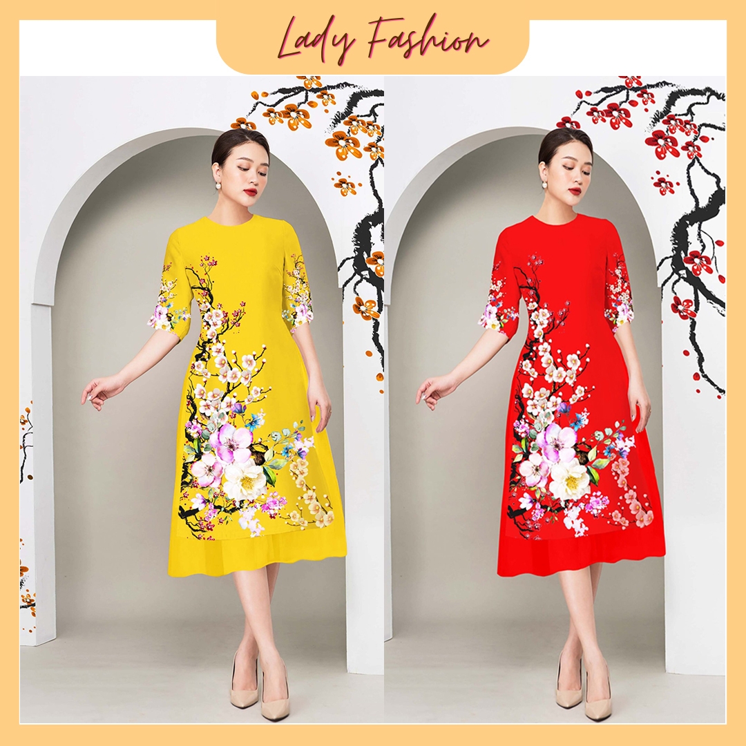 Áo dài cách tân in 3D cành đào ngày tết siêu dễ thương AD019 - Lady Fashion