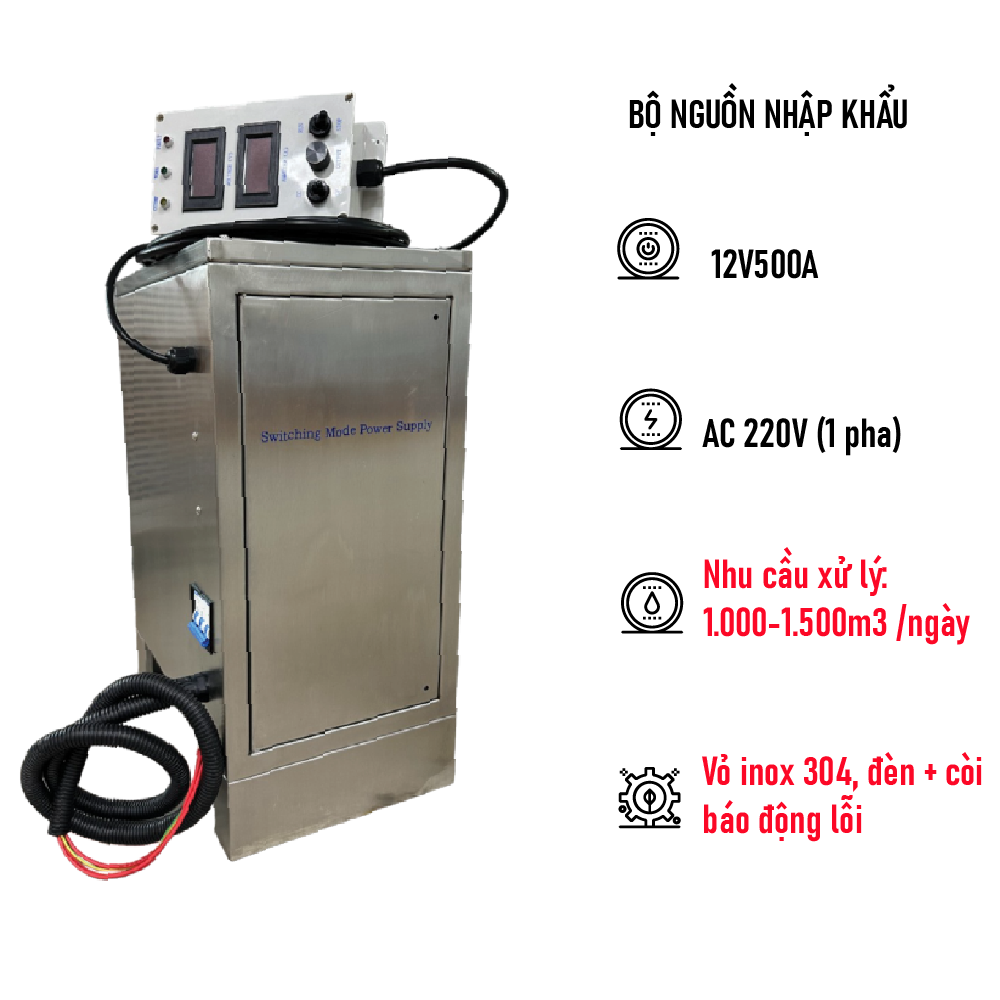 BỘ NGUỒN 1 PHA - 12V500A - VỎ INOX 304, ĐÈN + CÒI BÁO ĐỘNG