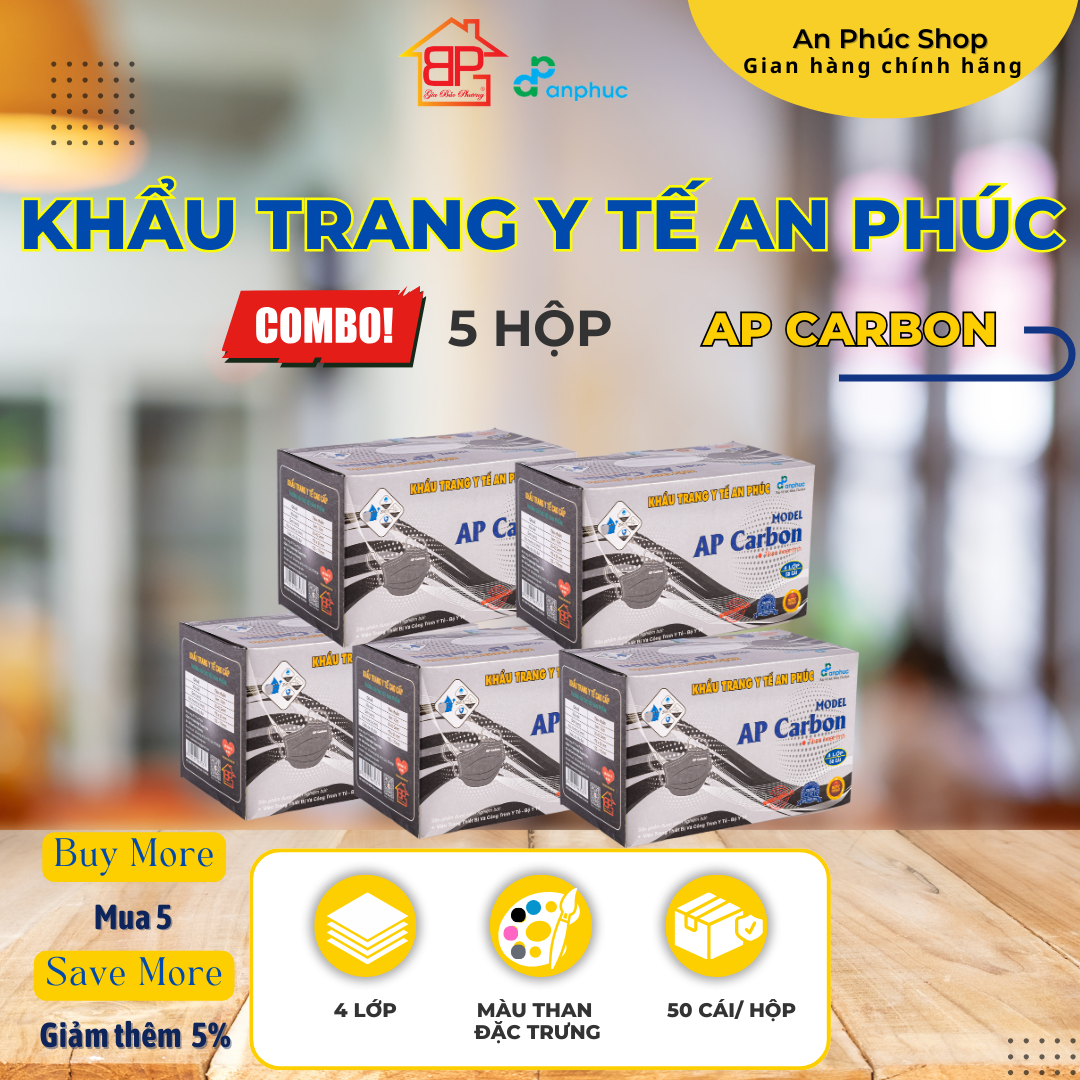 Khẩu trang y tế An Phúc Carbon - Combo 5 hộp, 4 lớp, than hoạt tính, hộp 50 cái.