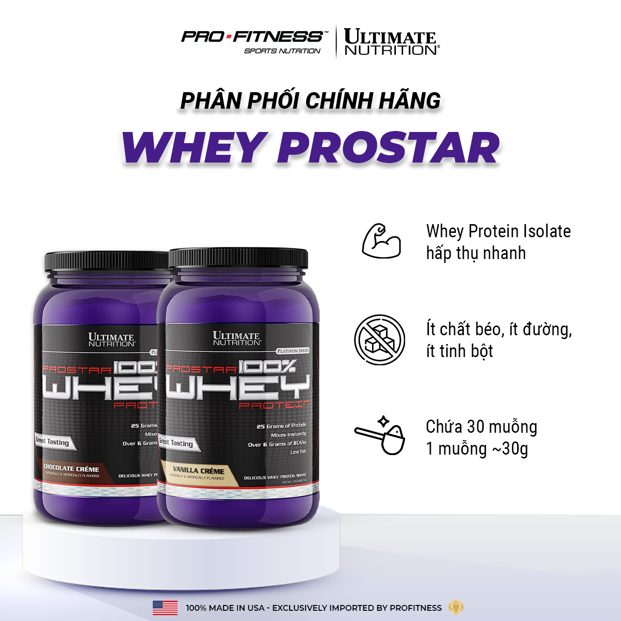 Whey Protein tăng cơ giảm mỡ Prostar 100% Ultimate Nutrition - Whey Isolate cao cấp hấp thụ protein (Hũ 907g)