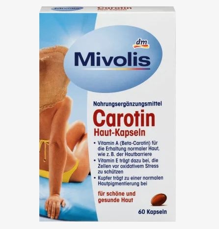 MIVOLIS Carotin Haut Kapseln - Viên uống tốt cho da chống lại tia cực tím, chống nắng, hộp 60v