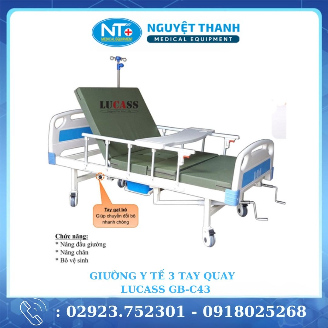 Giường Bệnh 3 Tay Quay Có Bô GB-C43 (2 tay quay + 1 cần gạt bô)