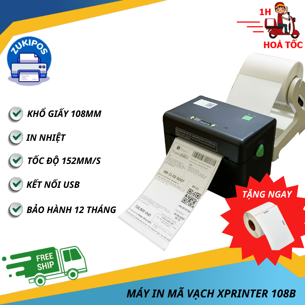 Máy in đơn hàng, tem nhãn vận chuyển TMĐT Xprinter XP-DT108B Chính Hãng BH 12 Tháng - Zukipos