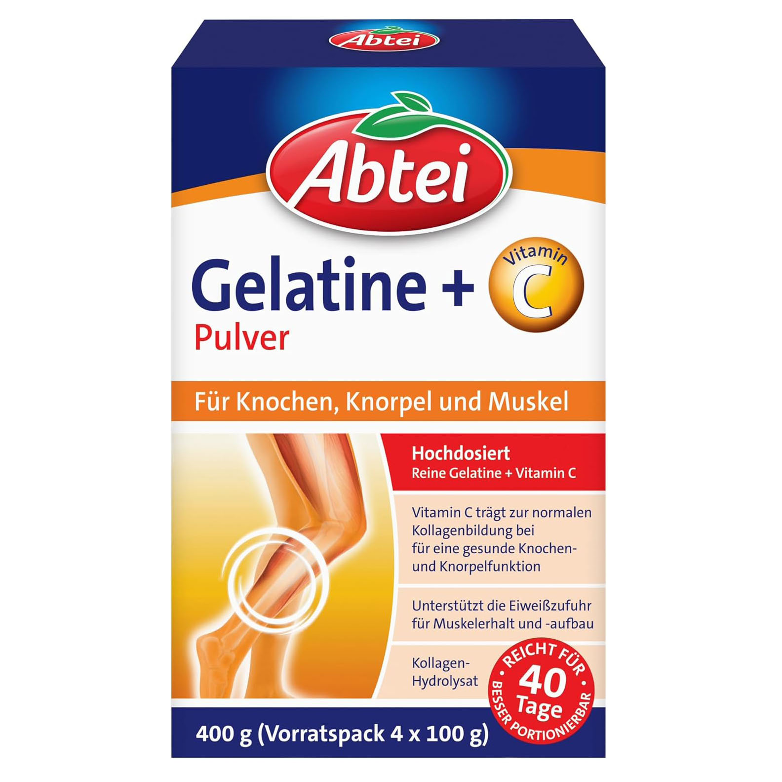 ABTEI - Bột Gelatin và Vitamin C, hỗ trợ DA-KHỚP XƯƠNG-TÓC, đặc biệt là SỤN KHỚP, 4 gói bột 100g - Gelatine Pulver