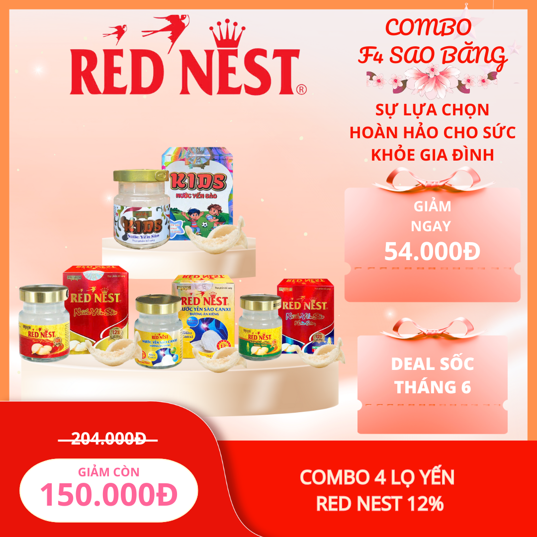 COMBO F4 SAO BĂNG 12%(BAO GỒM 1 YẾN ĐƯỜNG LỌ , 1 YẾN CANXI LỌ , 1 YẾN NHÂN SÂM LỌ , 1 YẾN KIDS LỌ )