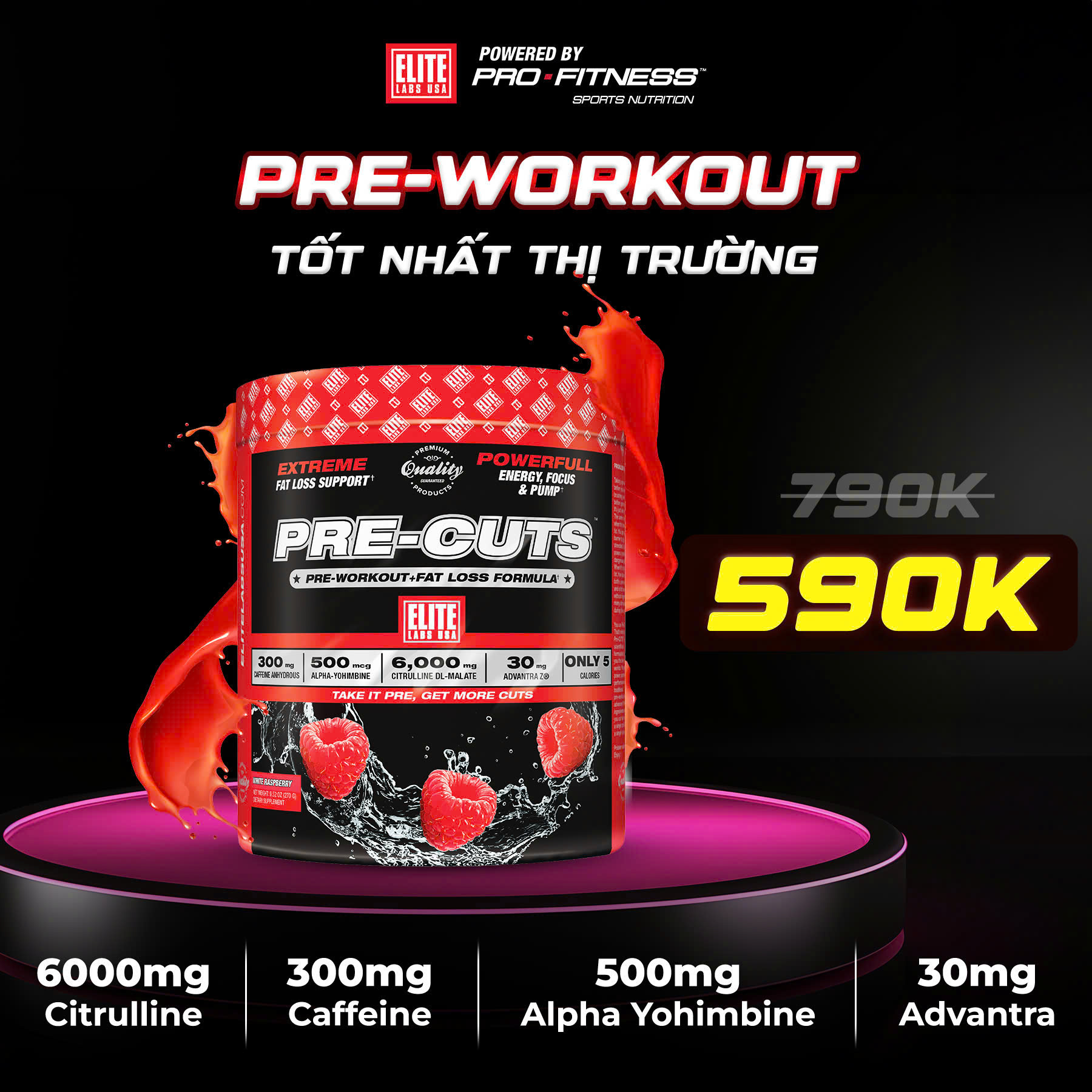 Pre-Workout tăng năng lượng trước khi tập Pre Cuts Elite Labs USA - Giải phóng chất béo, hỗ trợ đánh tan tế bào mỡ 270g