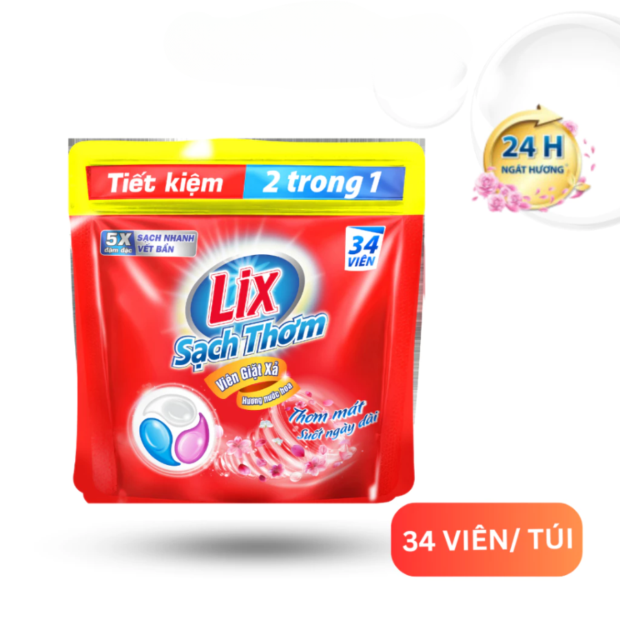 Viên giặt xả 2 trong 1 Lix hương nước hoa sạch thơm mát suốt ngày dài 34 viên 15g 
