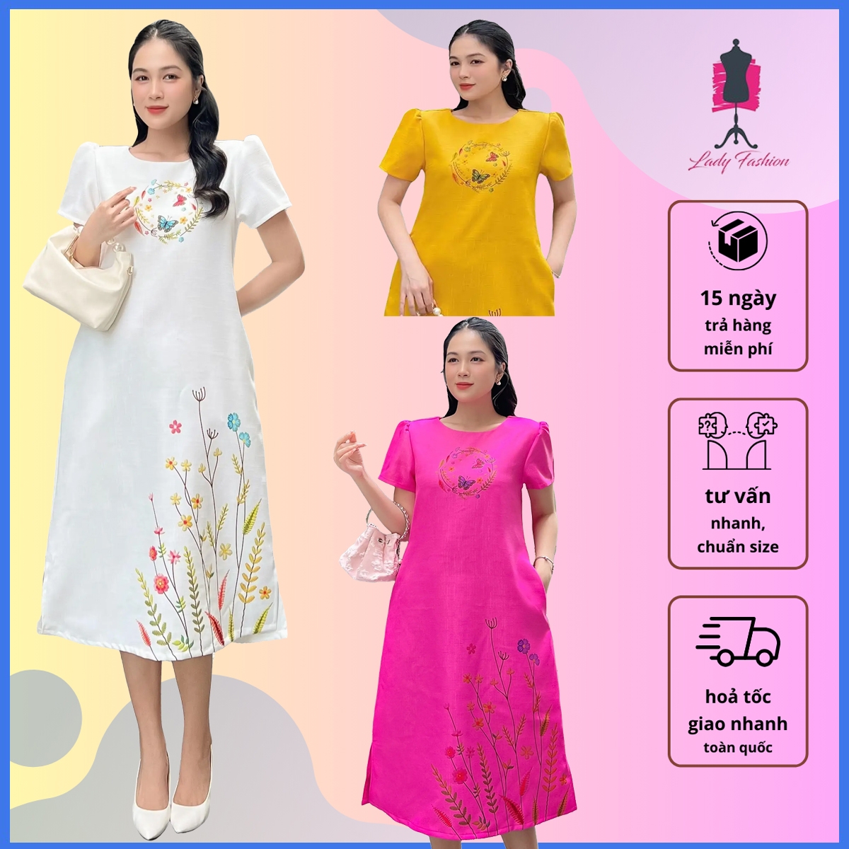 [HCM] Đầm suôn chữ A phối họa tiết in giả thêu thanh lịch DA120 - LADY FASHION
