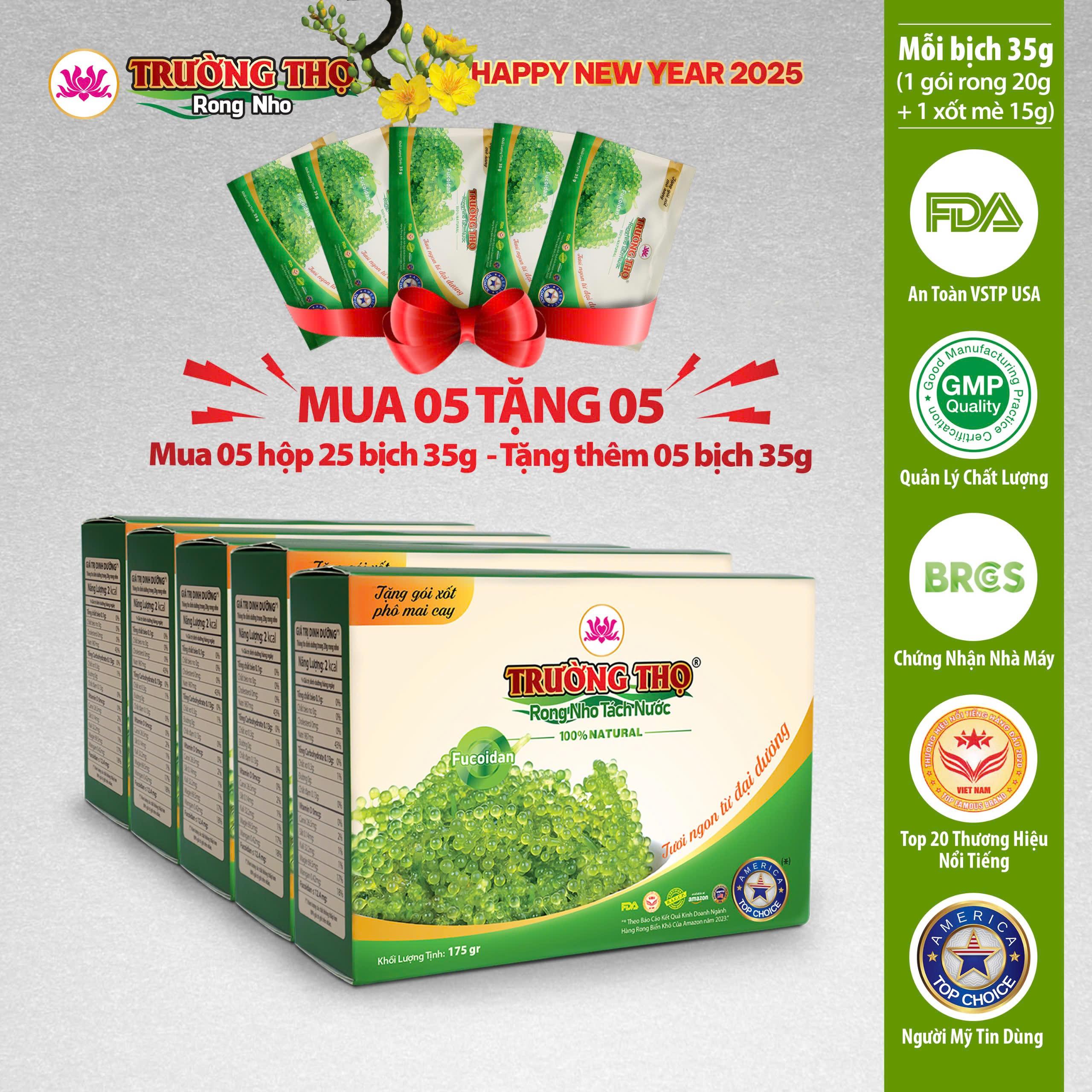 [MUA 5 TẶNG 5] Combo 5 Hộp rong nho tách nước Trường Thọ 175g gồm 25 bịch 35g tặng kèm 5 bịch 35g, không mặn, không tanh, tặng xốt - bán chạy Hoa Kỳ. 