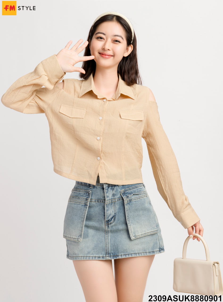 Áo Sơ Mi Kiểu Nữ Tay Dài Croptop Khoét Vai