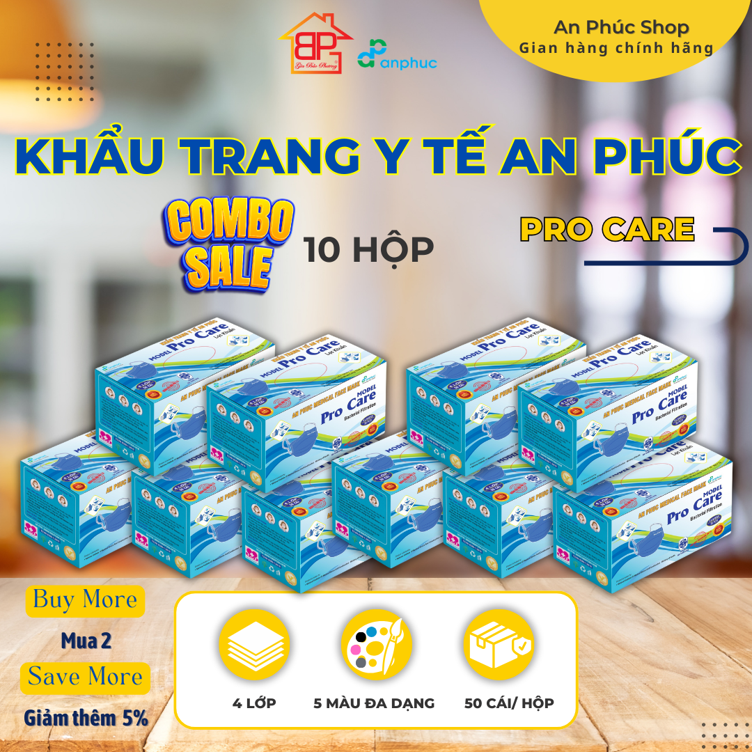 Khẩu trang y tế An Phúc Procare - Combo 10 hộp, 4 lớp, lọc kháng khuẩn, nhiều màu, hộp 50 cái.
