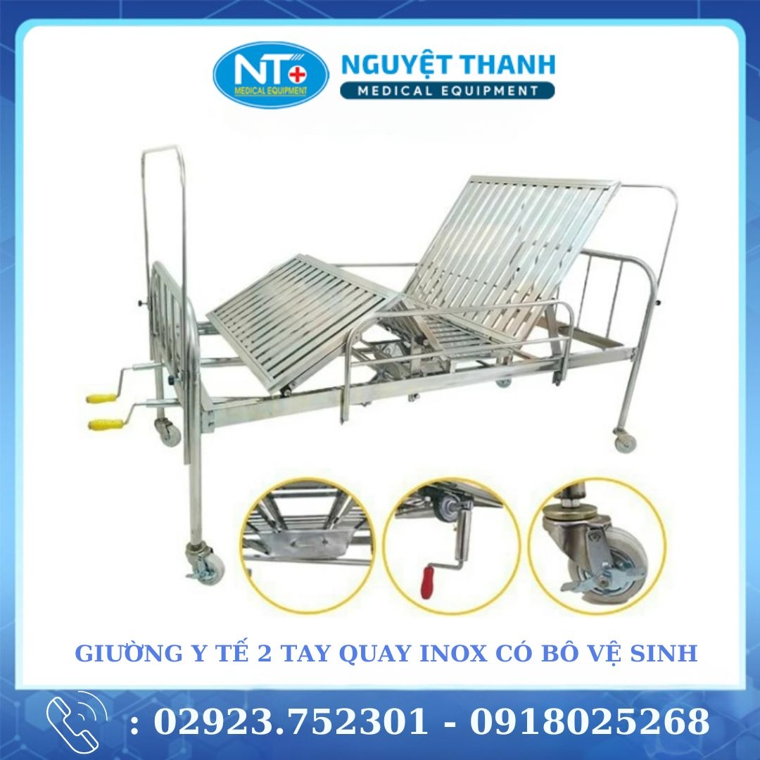Giường Y Tế Inox 2 Tay Quay , Có Bô Vệ Sinh , Có Bánh Xe 
