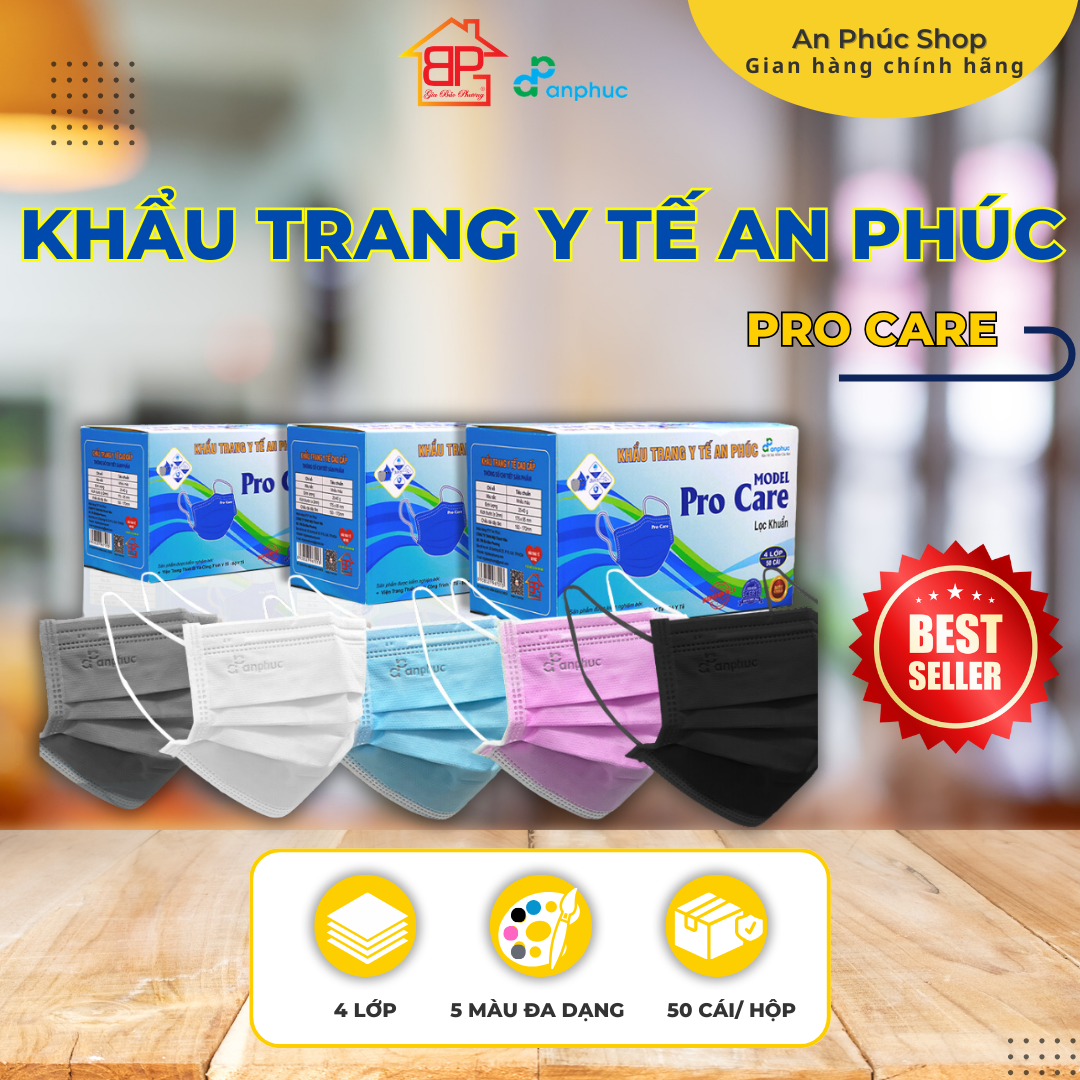 Khẩu trang y tế An Phúc Procare - 4 lớp, lọc kháng khuẩn, nhiều màu, hộp 50 cái.