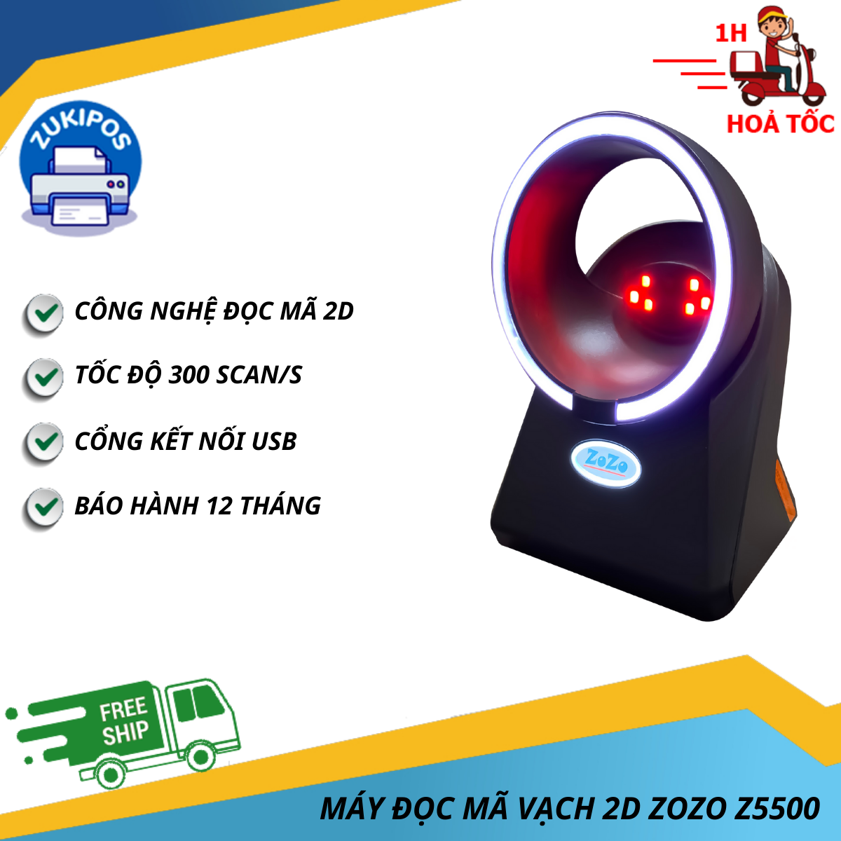 Máy Đọc Mã Vạch 2D ZOZO Z5500 Đa Tia Có Dây Để Bàn Bảo Hành 12 Tháng - Zukipos