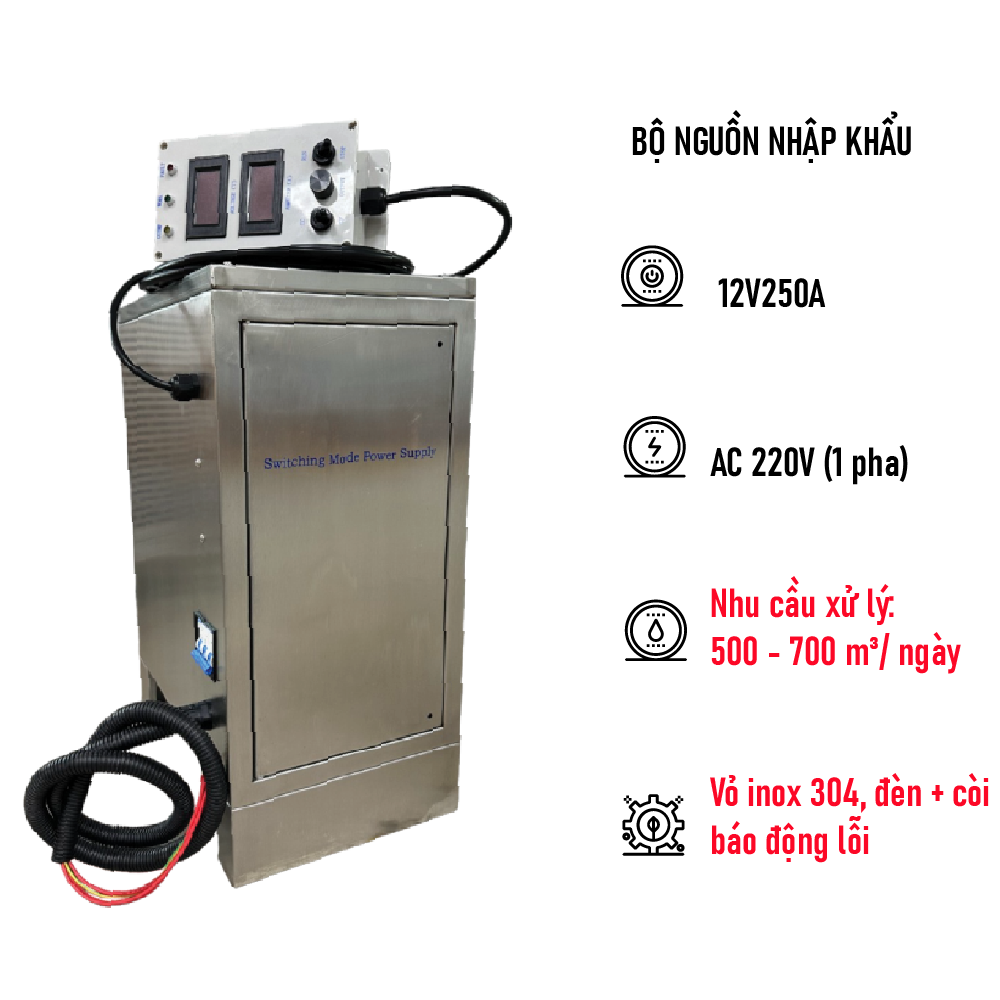 BỘ NGUỒN 1 PHA - 12V250A - VỎ INOX 304, ĐÈN + CÒI BÁO ĐỘNG
