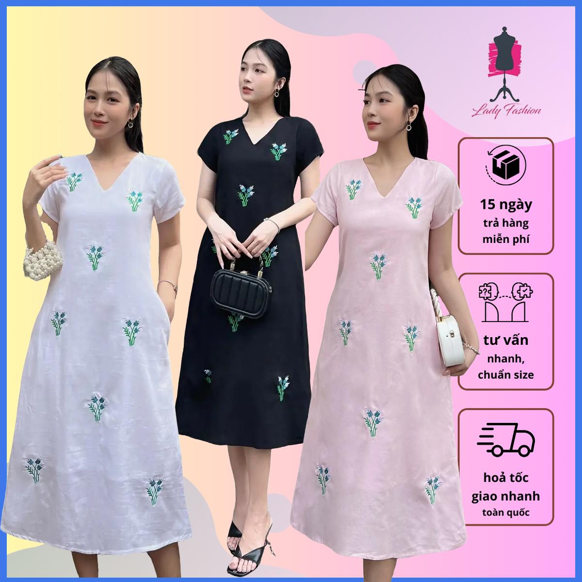 Sang trọng và cá tính với đầm suông thêu chất vải linen dành cho nữ MS109 - LADY FASHION