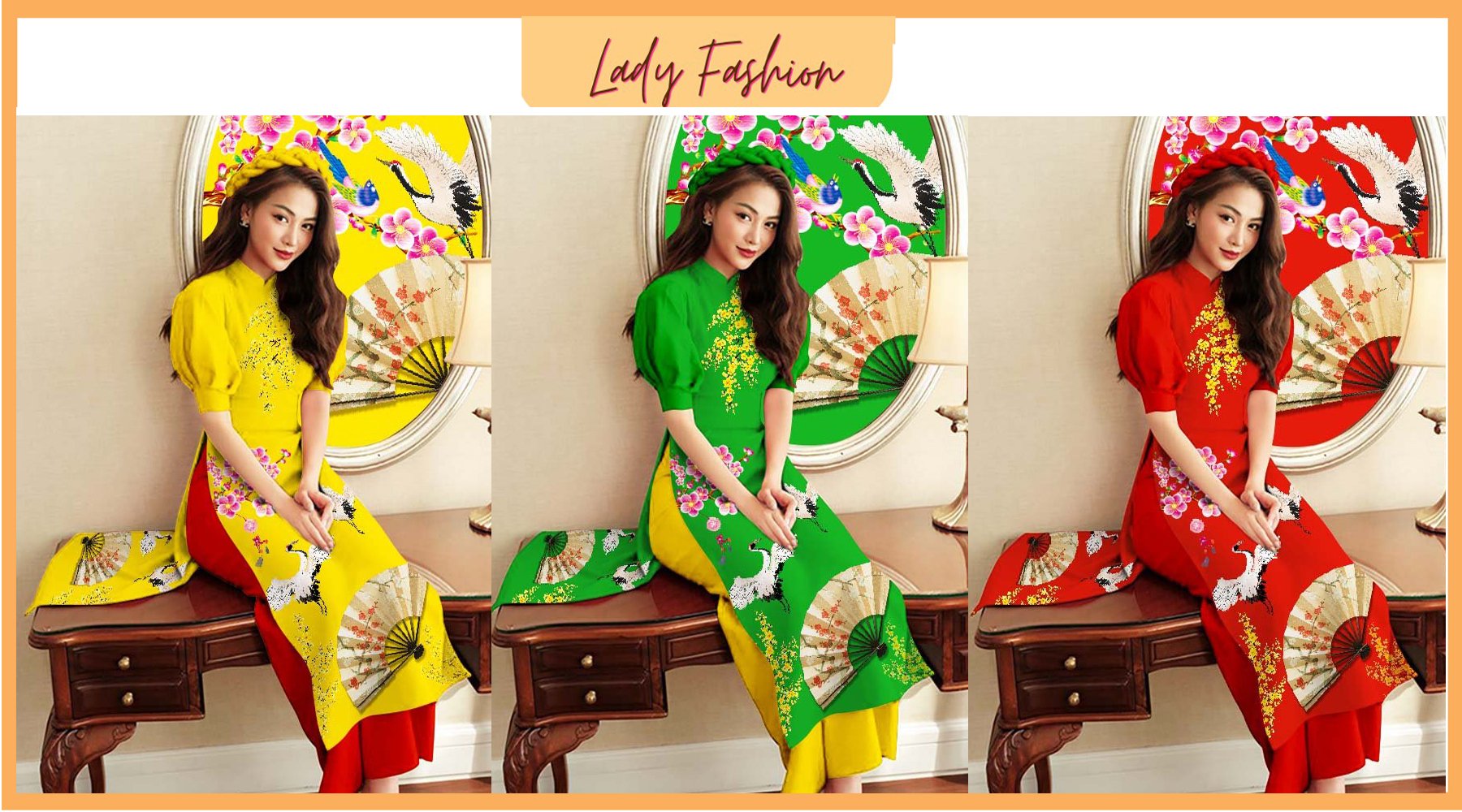 Áo dài cách tân tay bồng in 3D họa tiết cánh quạt AD011 - Lady Fashion