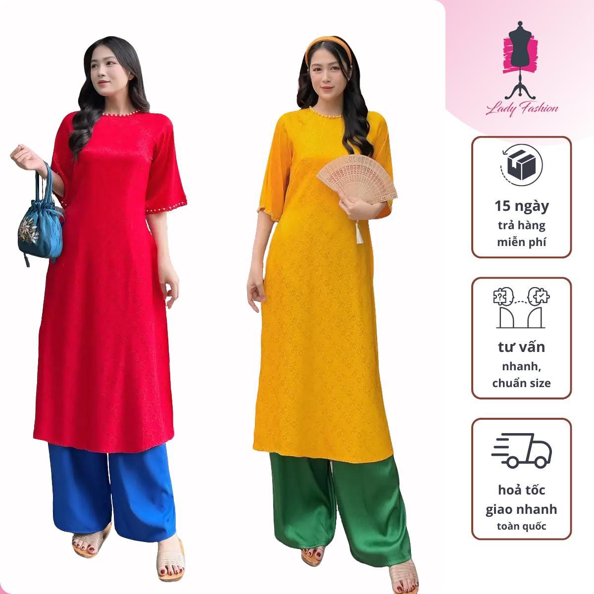 LADYFASHION06-Áo dài gấm họa tiết hoa cúc phối cổ ngọc nhẹ nhàng AD182