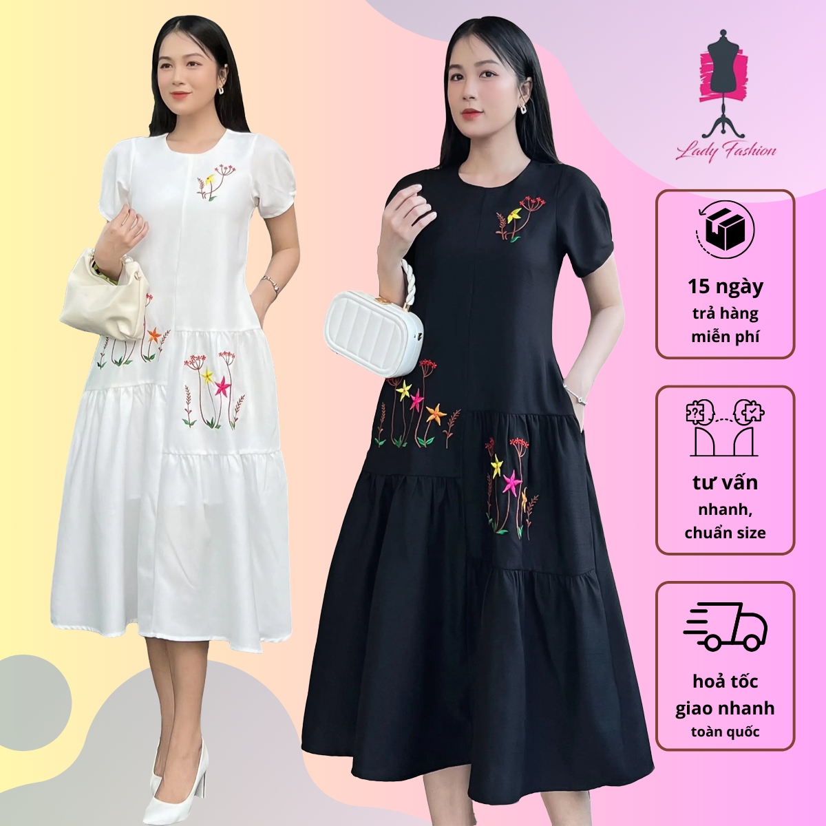 [HCM] Đầm xòe thêu giật tầng lạ mắt dành cho nữ D118