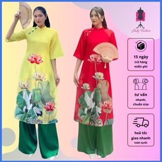 Áo dài cách tân AD070 nhà LADYFASHION06 dáng suông in 3d sen cò sải cánh