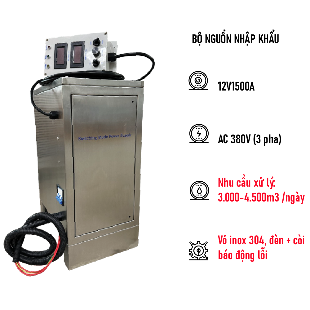 BỘ NGUỒN 3 PHA - 12V1500A -  VỎ INOX 304, ĐÈN + CÒI BÁO ĐỘNG