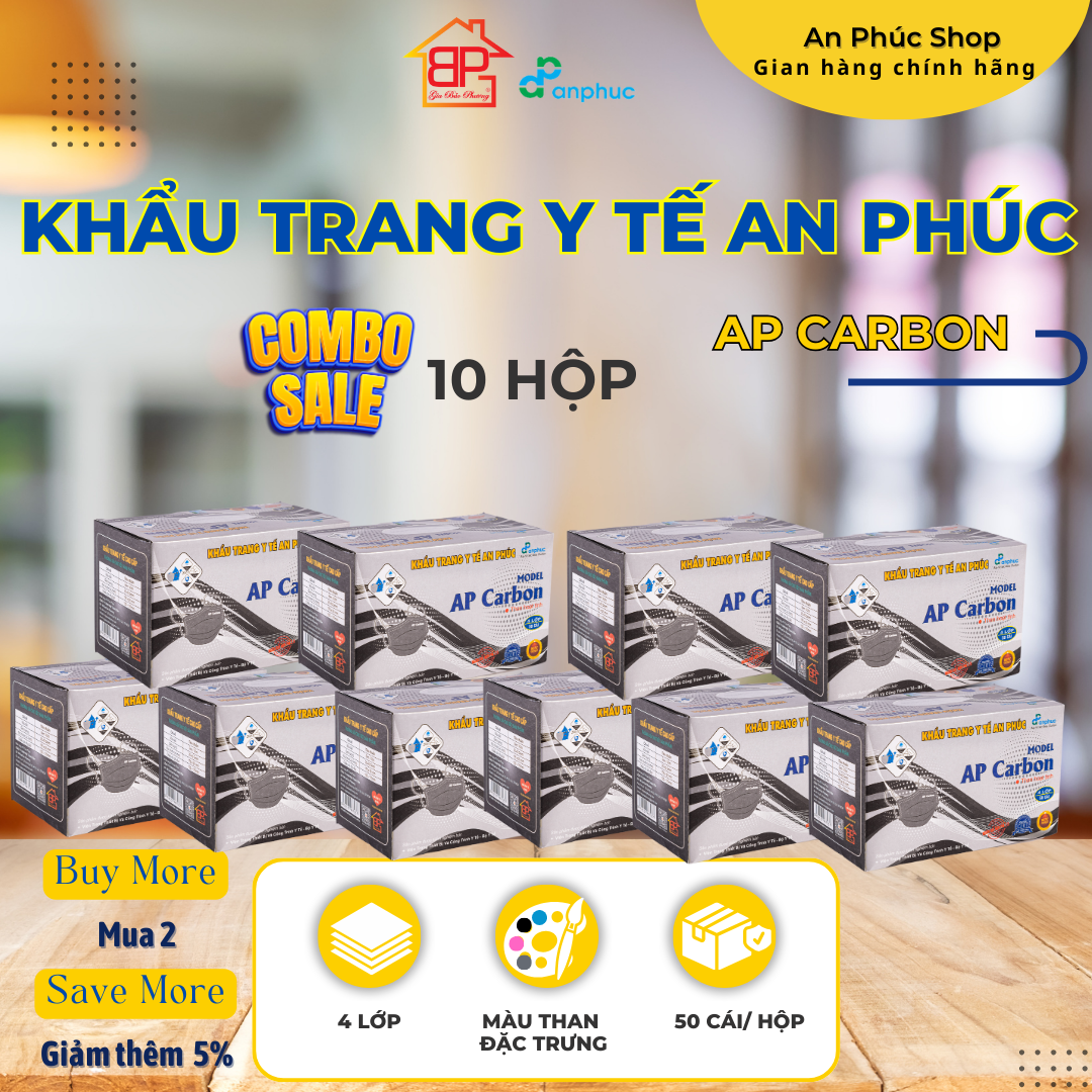Khẩu trang y tế An Phúc Carbon -  Combo 10 hộp, 4 lớp, than hoạt tính, hộp 50 cái.