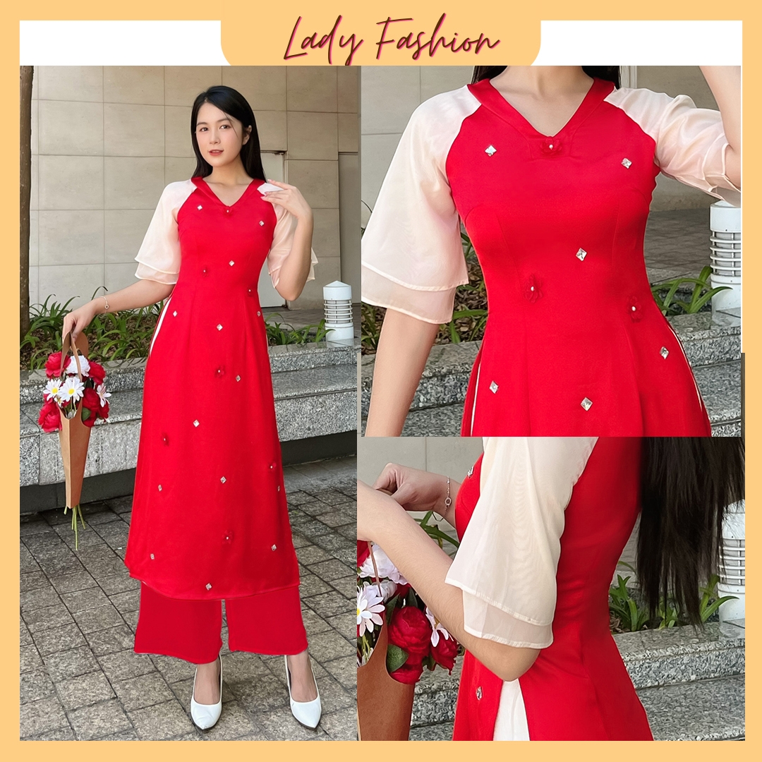 {HCM} Áo dài cách tân cổ V kết đá dễ thương AD025 - Lady Fashion - Khánh Linh Style