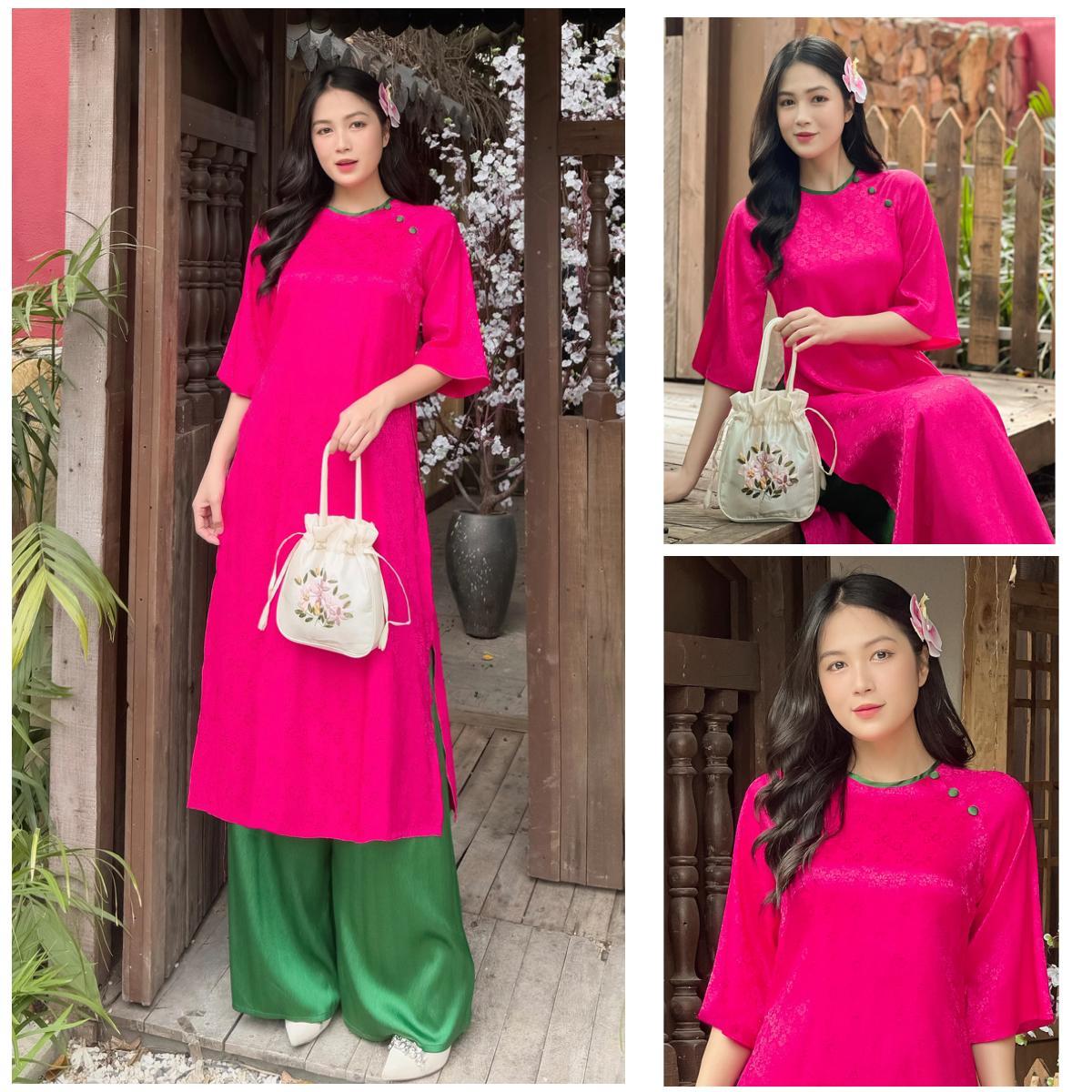 LADYFASHION06-Áo dài gấm suông hoa cúc viền cổ thanh lịch AD183