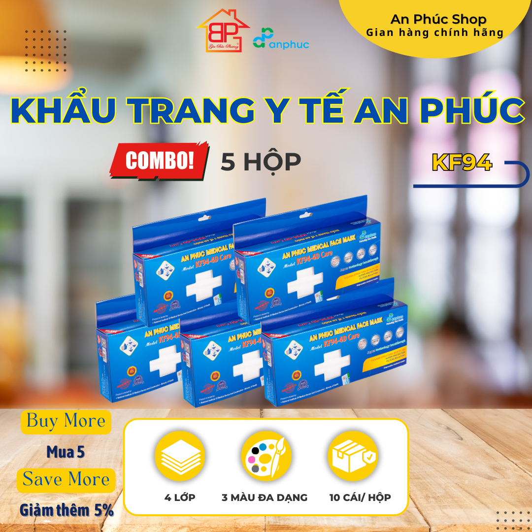 Khẩu trang y tế An Phúc KF94 - Combo 5 hộp, 4 lớp, lọc kháng khuẩn, nhiều màu, hộp 10 cái.