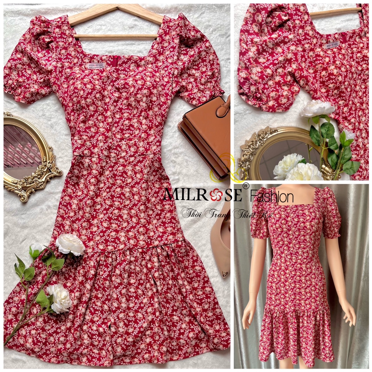 Đầm Hoa Đỏ Cổ Vuông
