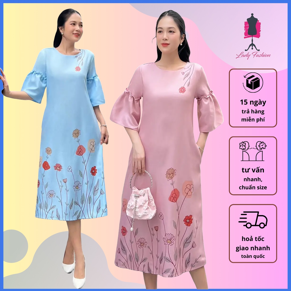 [HCM] Đầm dáng suông tay bèo in hoa 3D cho nữ thanh lịch MS109 - Lady Fashion