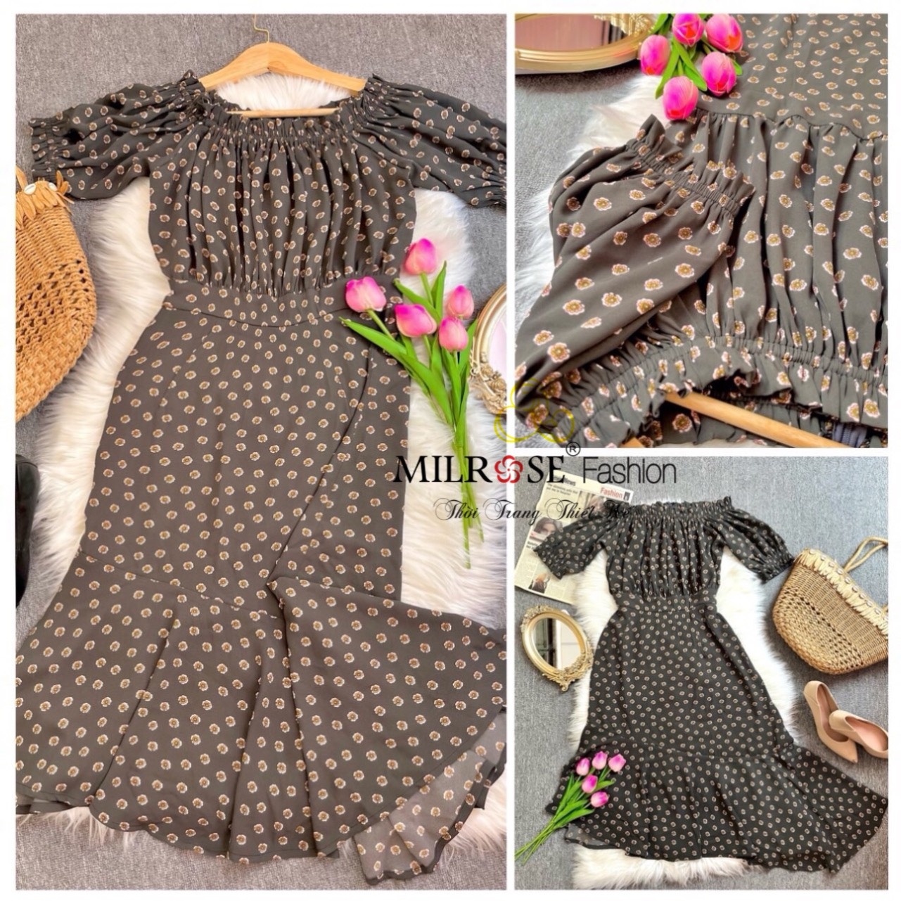 Đầm Hoa Xanh Trễ Vai  