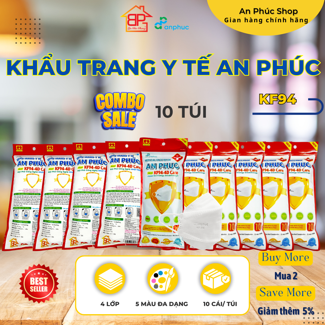 Khẩu trang y tế An Phúc KF94 - Combo 10 bịch, 4 lớp, lọc kháng khuẩn, nhiều màu, bịch 10 cái.
