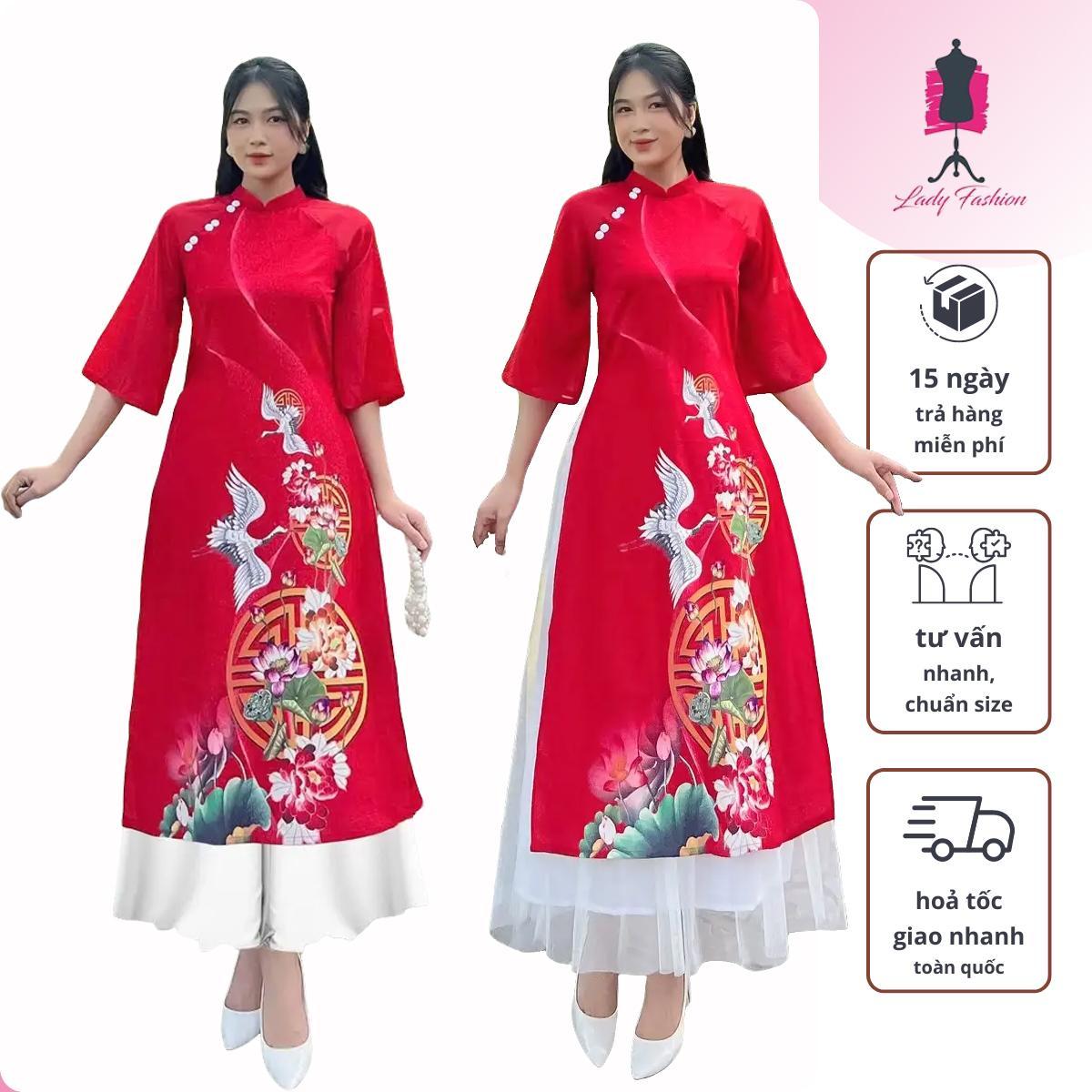 Áo dài cách tân cổ trụ in họa tiết phối nút bọc dành cho nữ AD065