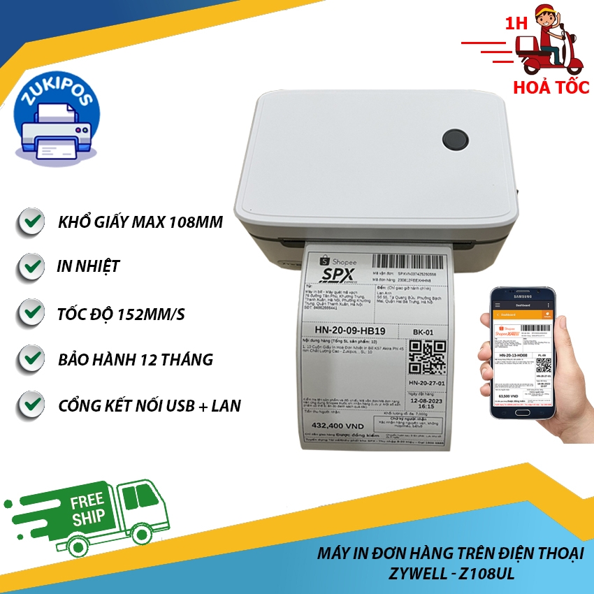 Máy In Đơn Hàng Kết Nối Điện Thoại ZyWell Z108UBT, In Nhiệt A6, In Đơn Hàng Shopee, In Vận Đơn Siêu Tiện Lợi - Zukipos