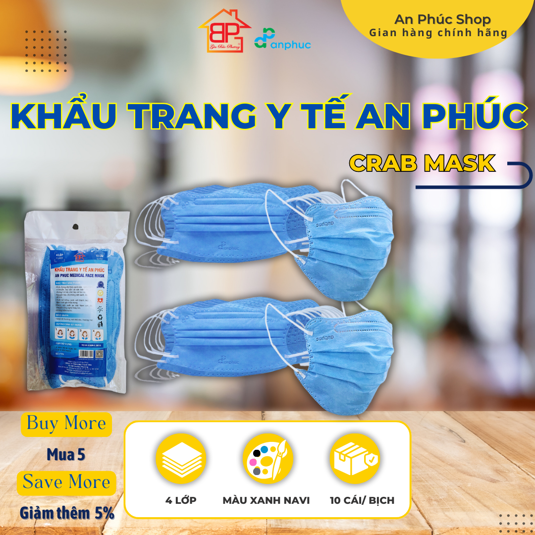 Khẩu trang y tế An Phúc Crab mask - 4 lớp, lọc kháng khuẩn, bịch 10 cái.