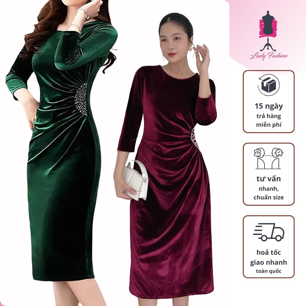 Đầm dự tiệc AD154 vải nhung nhúng eo đính ngọc trai sang trọng