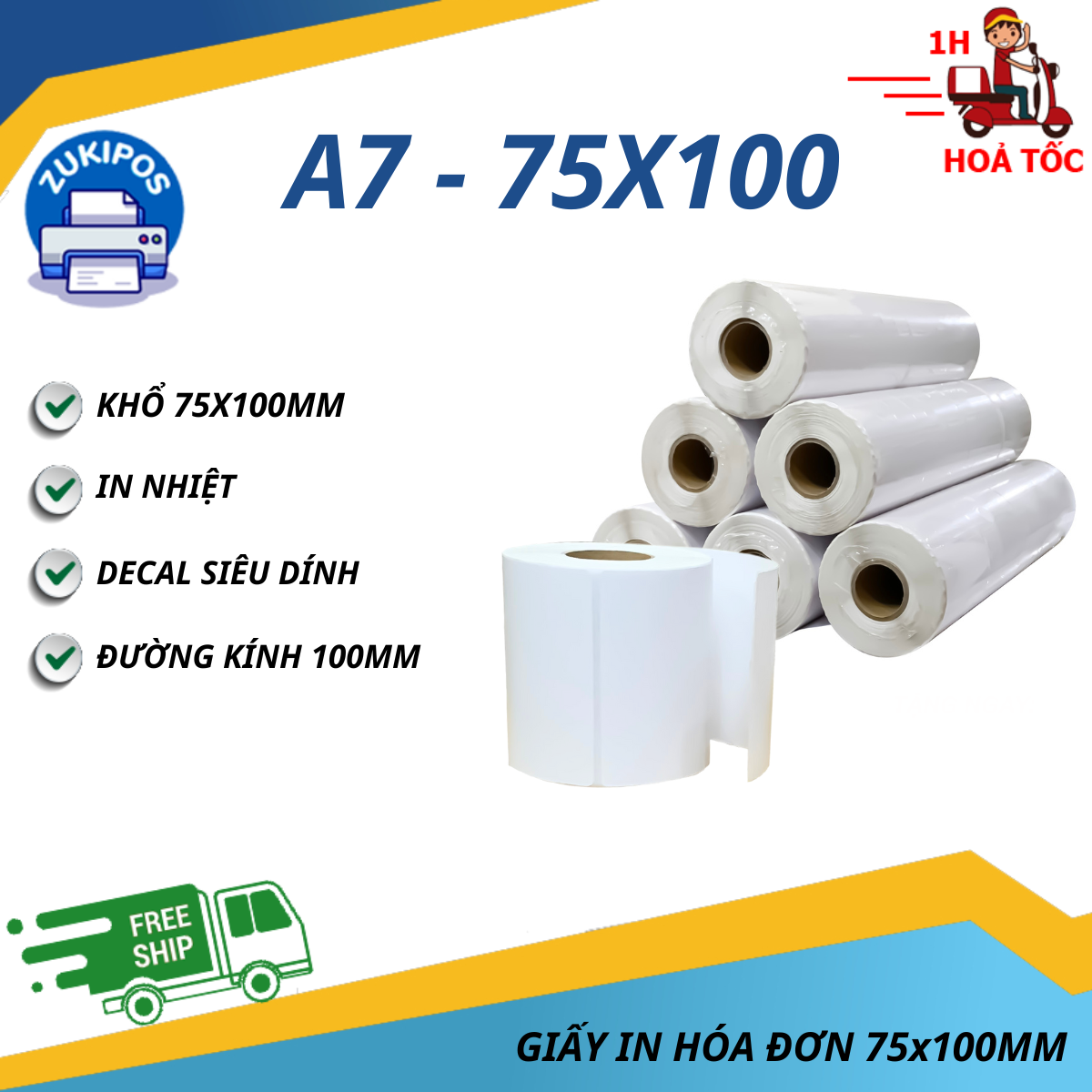 Giấy In Nhiệt 75x100 Cuộn A7 30 In Đơn Hàng Tem Nhãn Chất Lượng Cao Zukipos Hàng Đủ 30 Mét