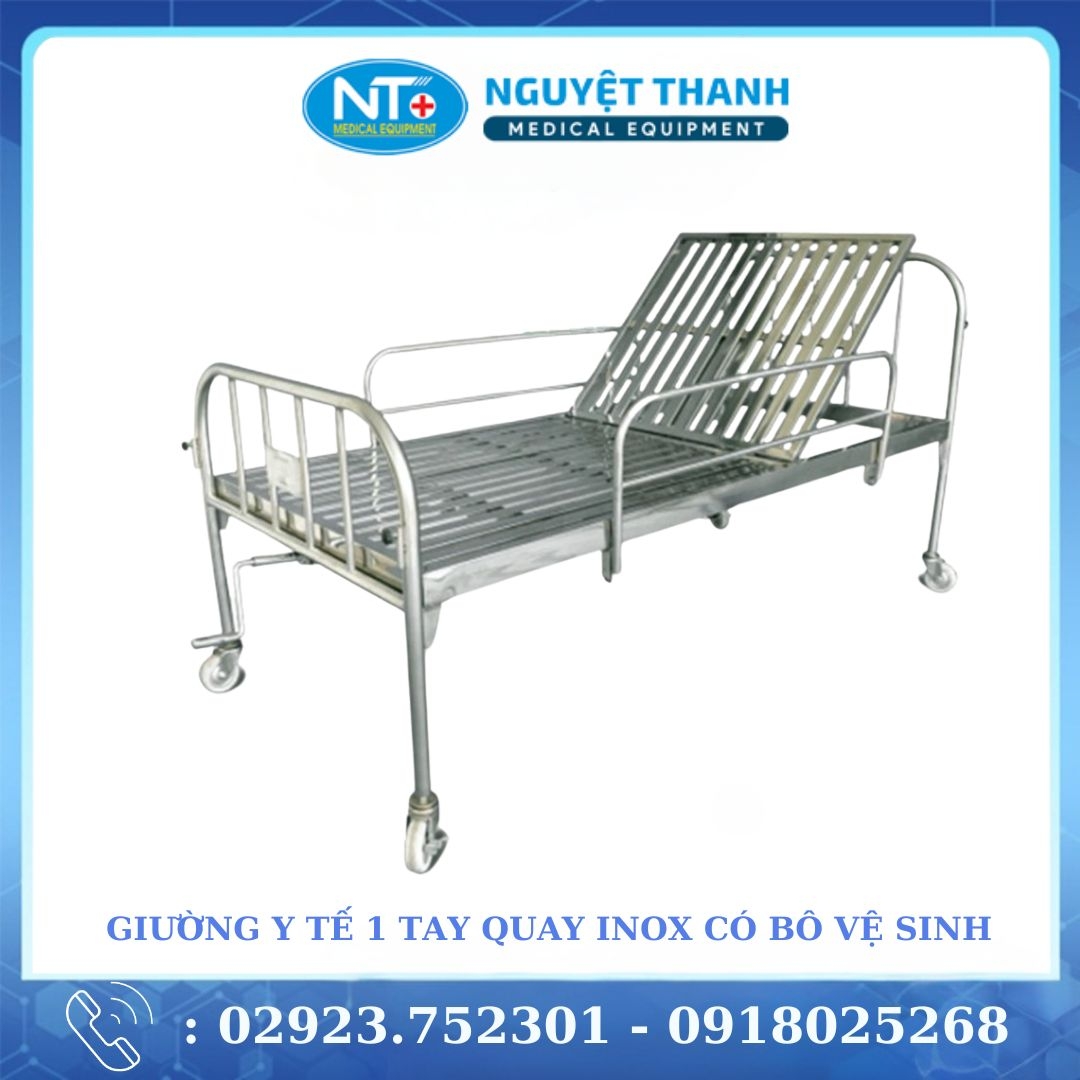Giường Y Tế Inox 1 Tay Quay , Có Bô Vệ Sinh , Có Bánh Xe 