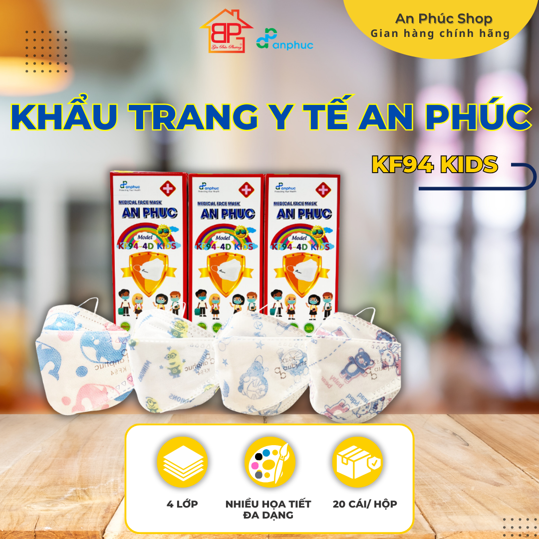 Khẩu trang y tế An Phúc KF94 Em bé - 4 lớp, lọc kháng khuẩn, hình nhân vật đáng yêu, hộp 20 cái.