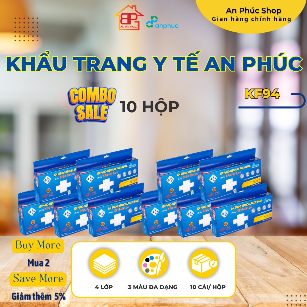 Khẩu trang y tế An Phúc KF94 - Combo 10 hộp, 4 lớp, lọc kháng khuẩn, nhiều màu, hộp 10 cái.
