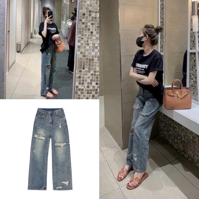 Quần Ống Suông Rách Rối Cạp Cao