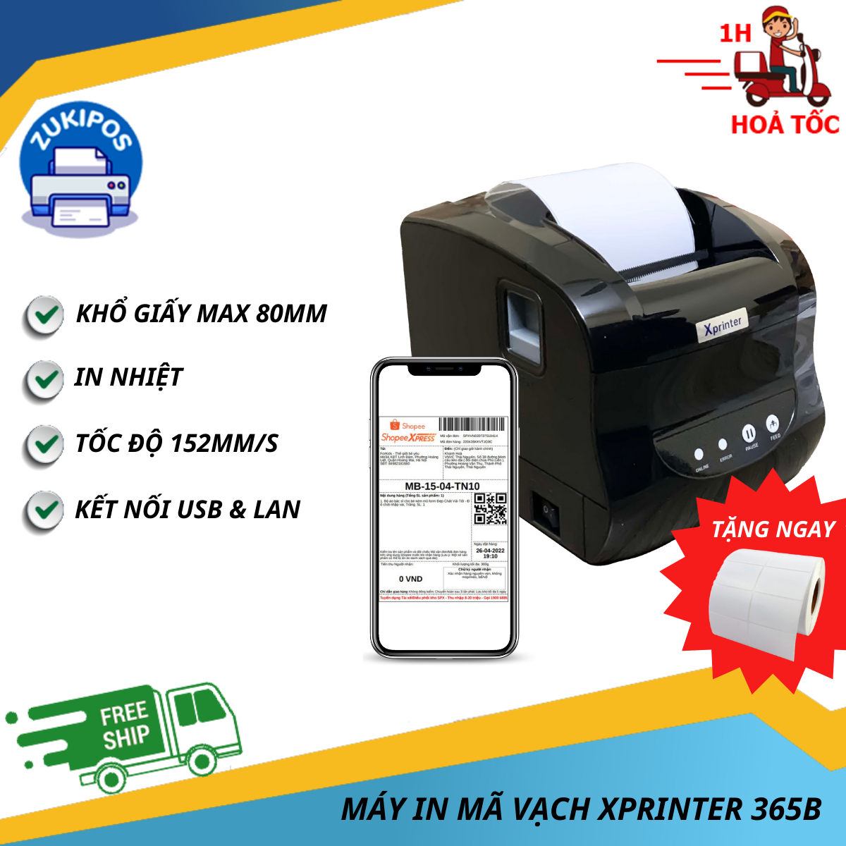 Máy In Tem Mã Vạch Xprinter 365B Siêu Rẻ Bảo Hành 12 Tháng - Zukipos